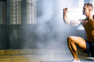 a male athlete looking up in the steam room before exercising.